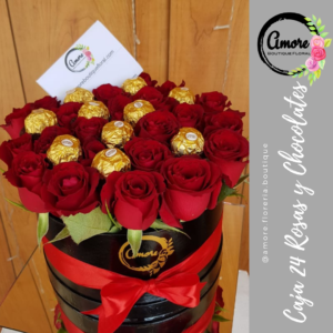 Caja con 24 rosas y chocolates