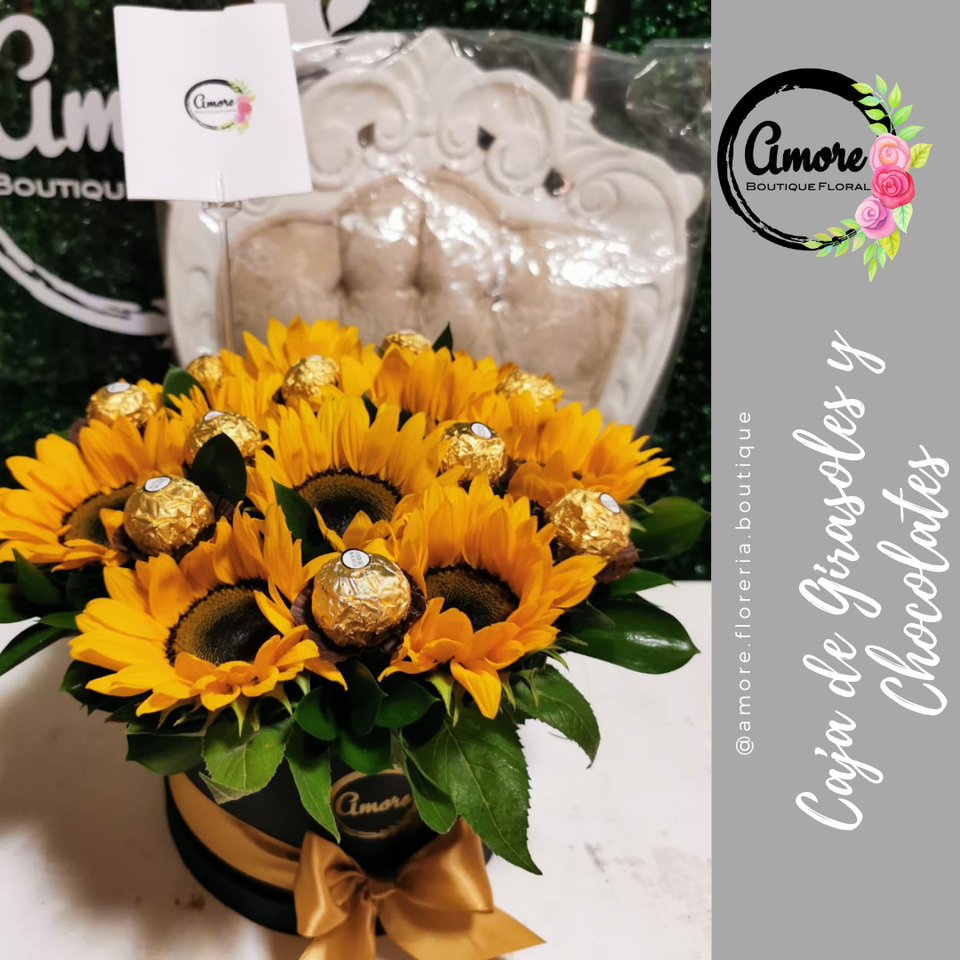 Caja de girasoles y chocolates | Amore Boutique Florería en Poza Rica